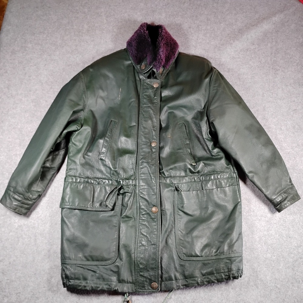 Charles Klein Leather Jacket Men Medium Green Faux Fur Collar Quilted Parka Coat